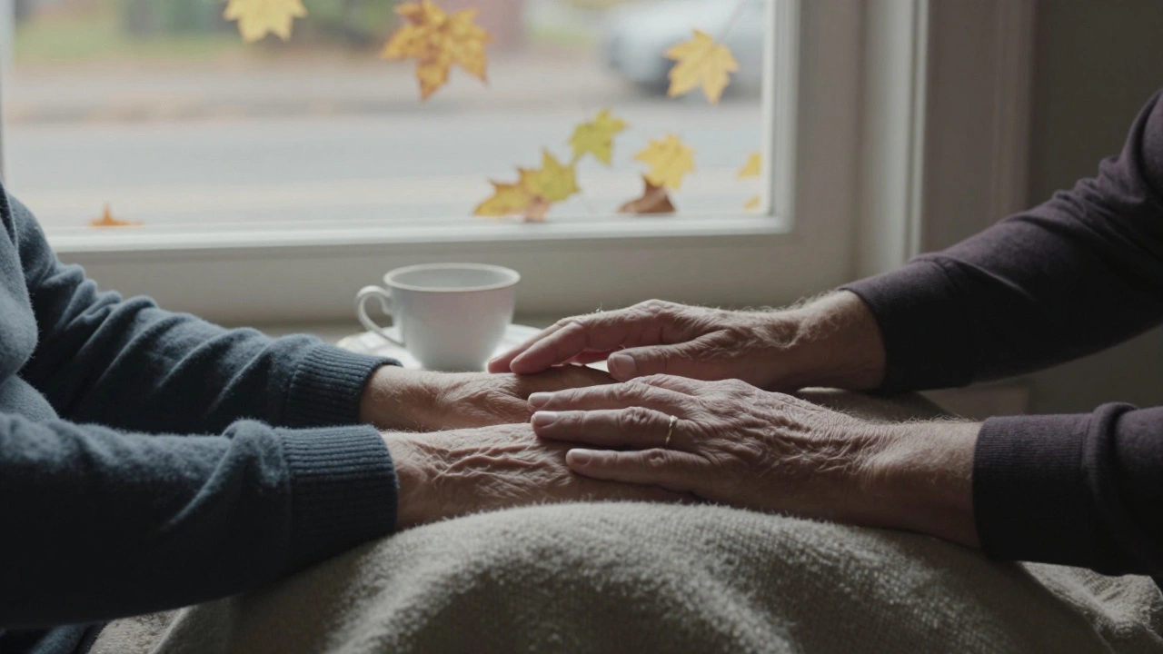 Two hands gently touching on a wool blanket, conveying calm and emotional safety without showing faces.