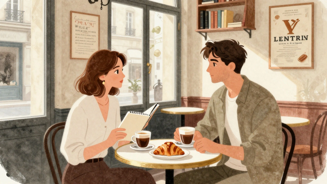 Two people enjoy coffee and croissants in a cozy Parisian café, lost in quiet conversation.