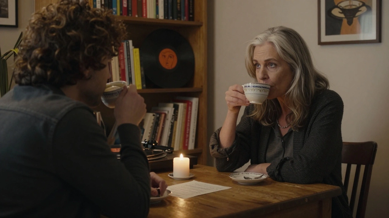 Two people share coffee and quiet conversation in a cozy Parisian apartment filled with books and records.