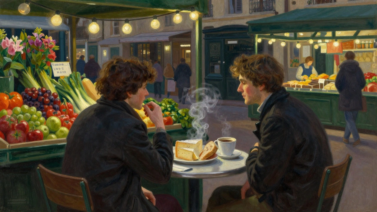 Two people sharing cheese and coffee at a market table in Marché d’Aligre.