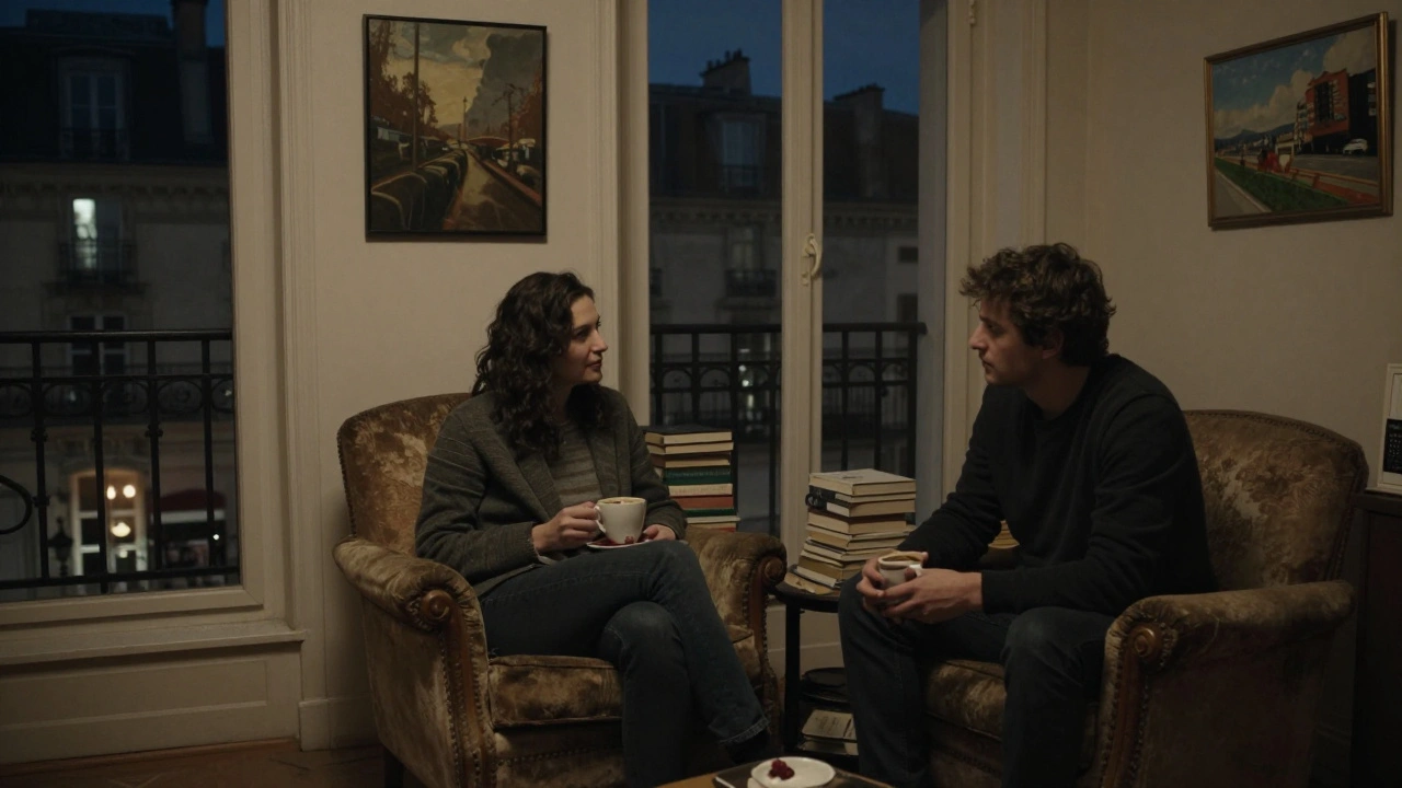 Two people sit in quiet conversation in a cozy Parisian apartment, lamplight casting warm shadows.
