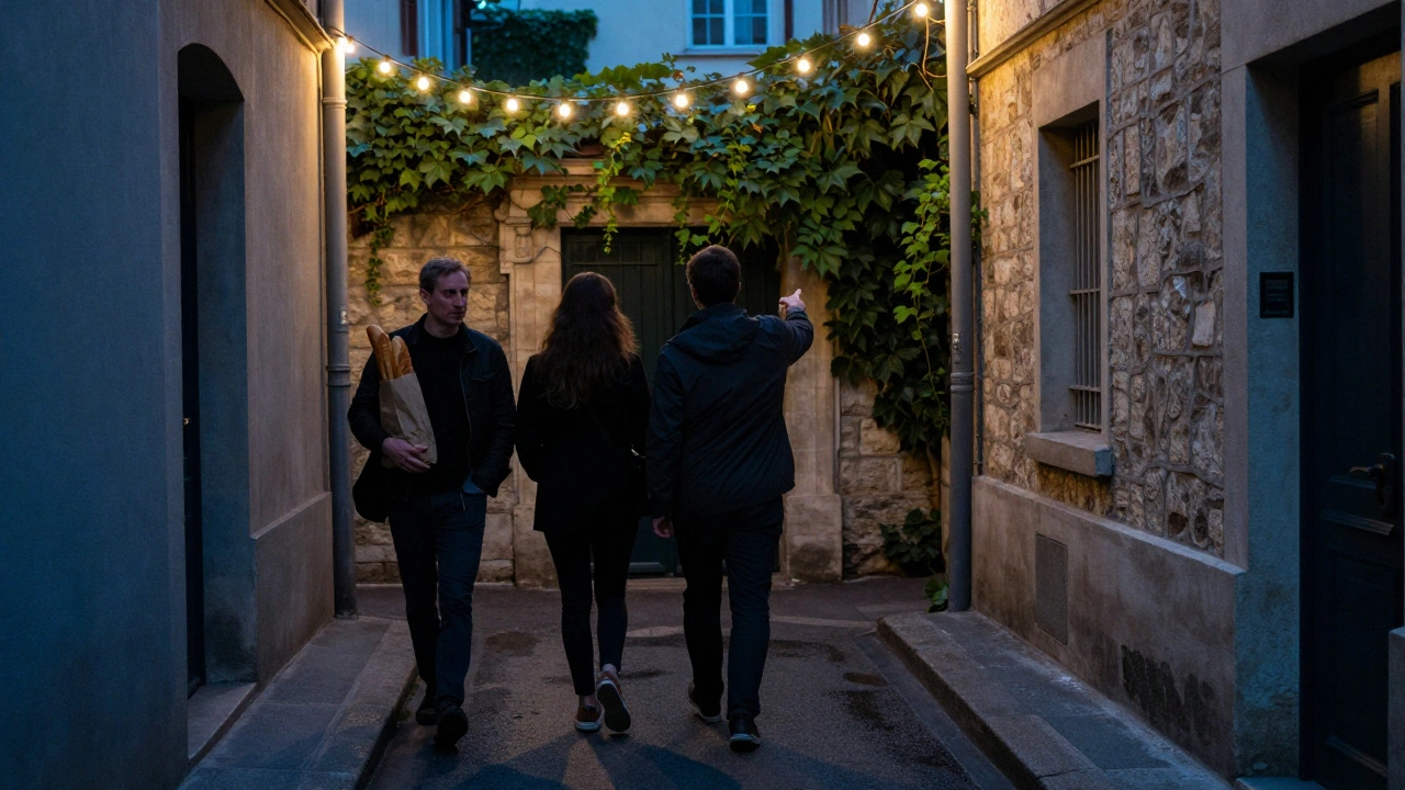 Two people walk down a quiet Parisian alley at dusk, one pointing to a hidden courtyard entrance.