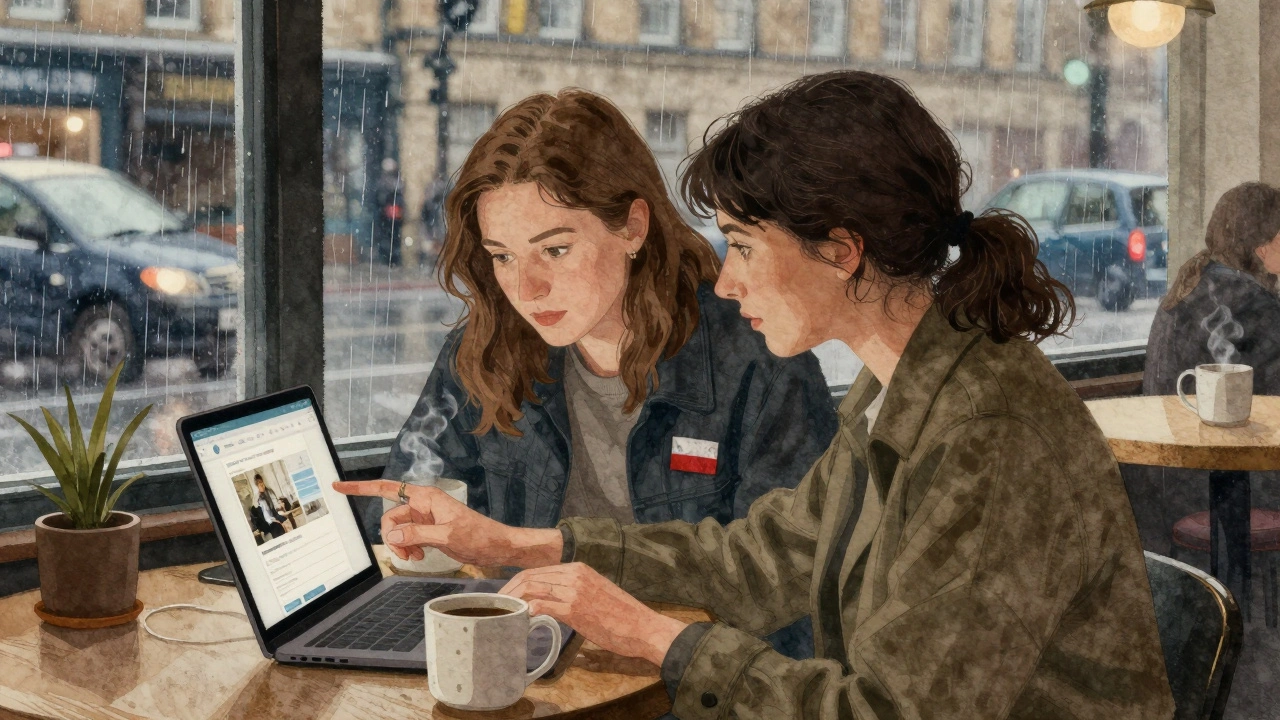 Two women sit together in a London café, one helping the other use a laptop, rain visible on the window behind them.