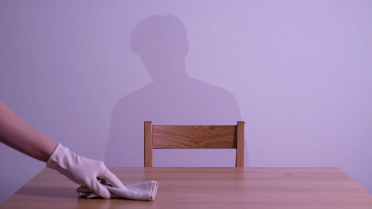 A gloved hand places a napkin on a table in a soft-lit room, a shadowed figure sits in quiet stillness.