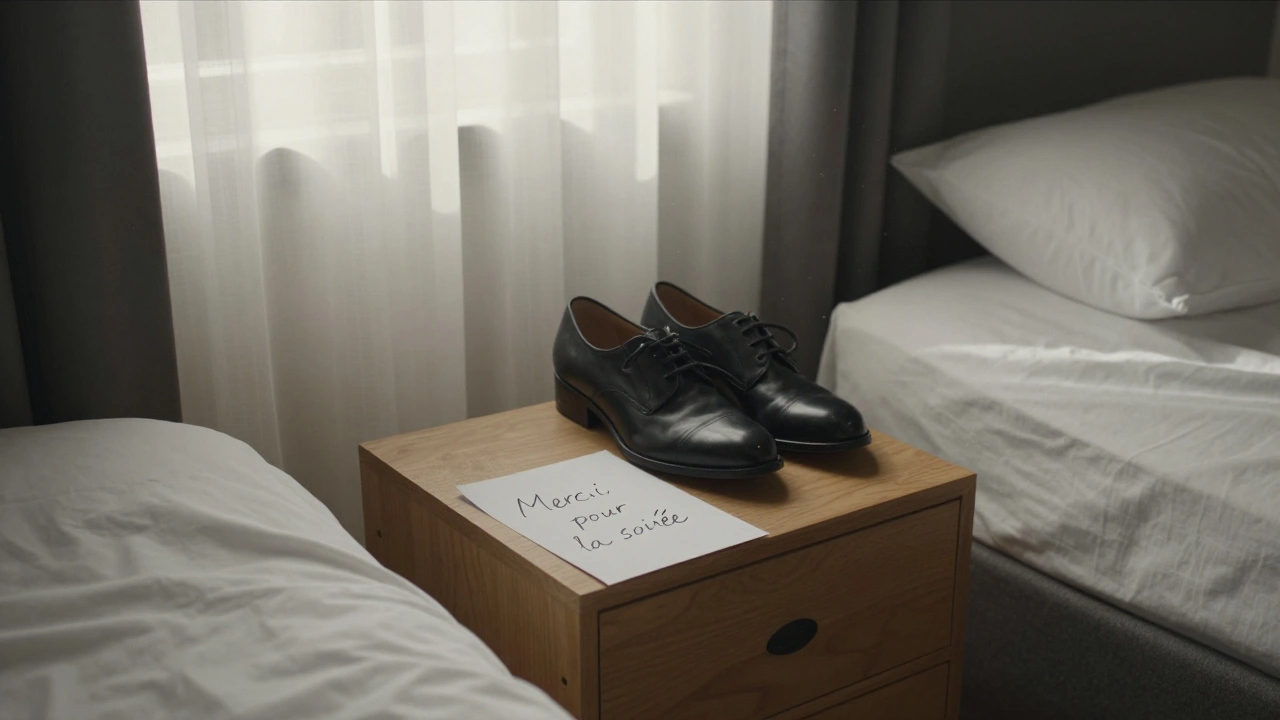 A handwritten thank-you note rests on a nightstand beside neatly placed shoes, morning light streaming through curtains.