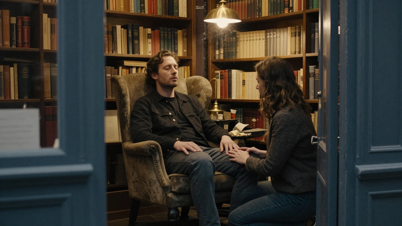 A man sits with closed eyes as a woman kneels beside him in a book-lined salon, bathed in warm lamplight.