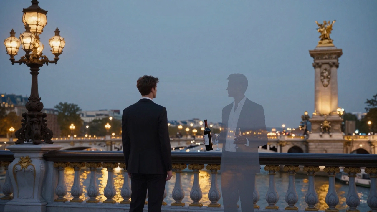 A man stands alone on a Paris bridge at twilight, his invisible companion reflected in the golden river below.