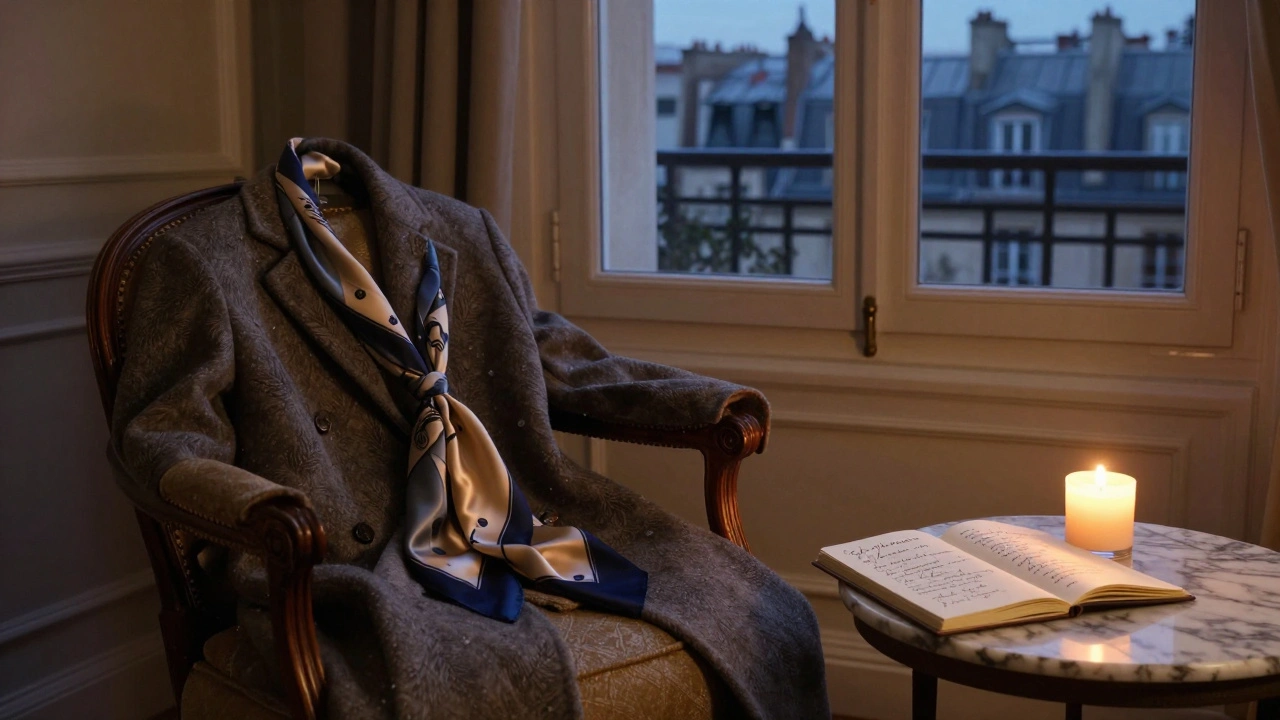A minimalist Parisian apartment interior with a wool coat, silk scarf, and candlelight beside handwritten poetry on a marble table.