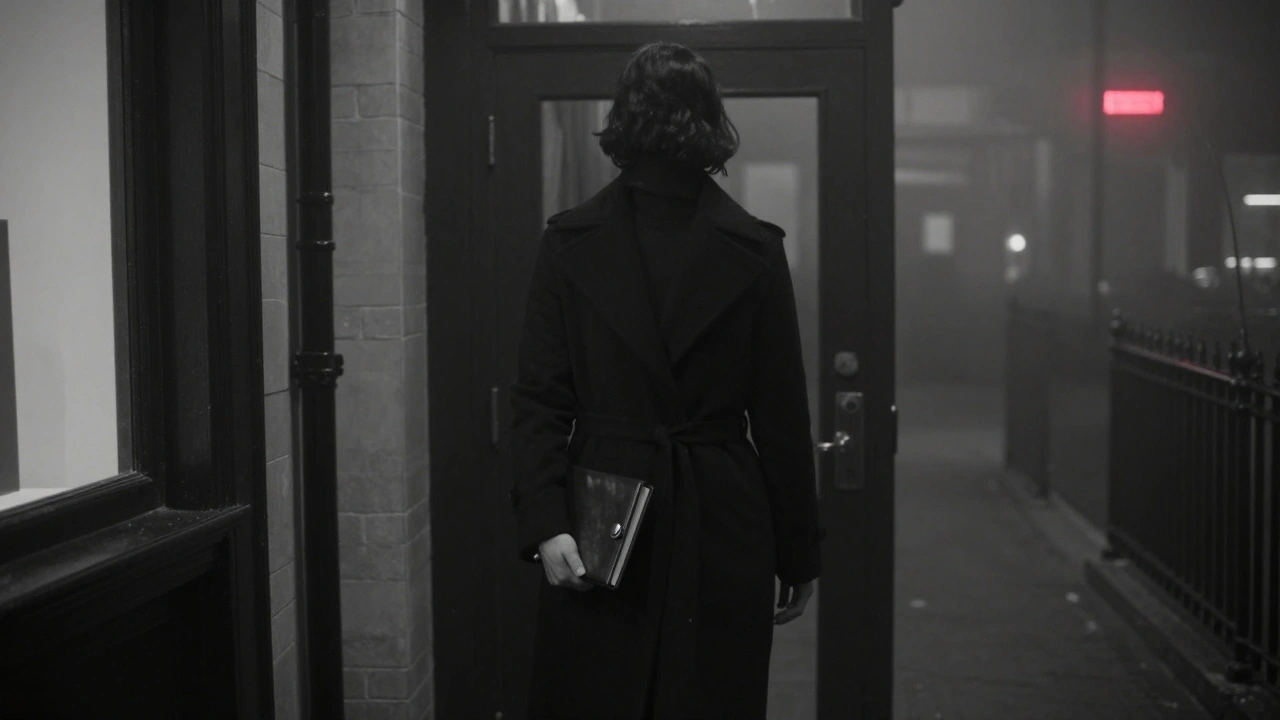 A mysterious figure in a black coat disappearing into a foggy alley behind a London gallery.