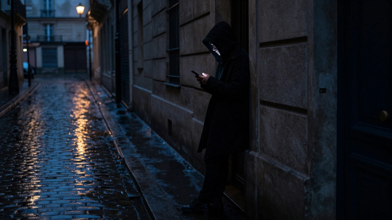 A person stands in a rainy Paris alley at dusk, holding a glowing phone, surrounded by shadows and wet cobblestones.