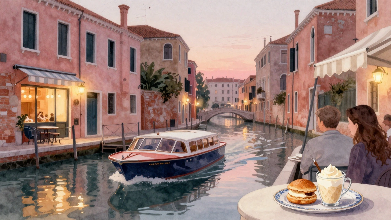 A private electric boat on Little Venice canal at dusk, with pastel houses and a café serving scones by the water.