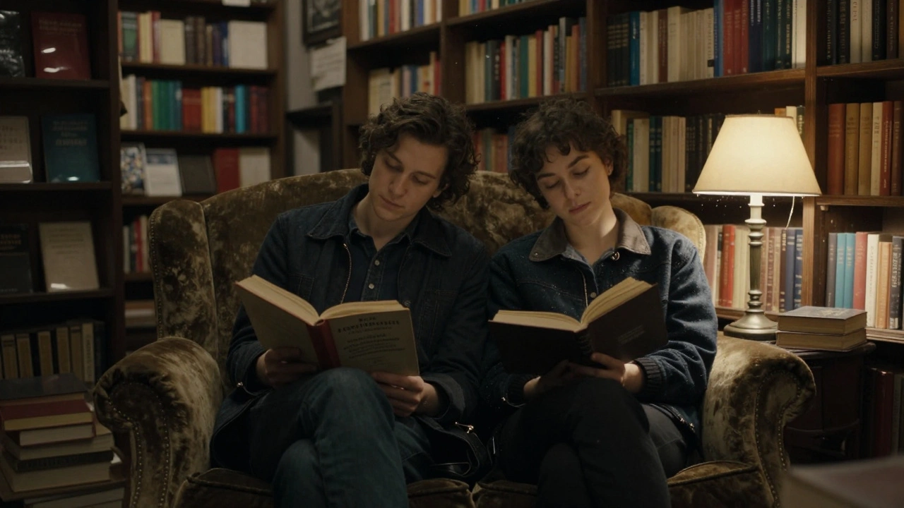 A reader and listener sit together in the quiet back room of Shakespeare and Company after hours.