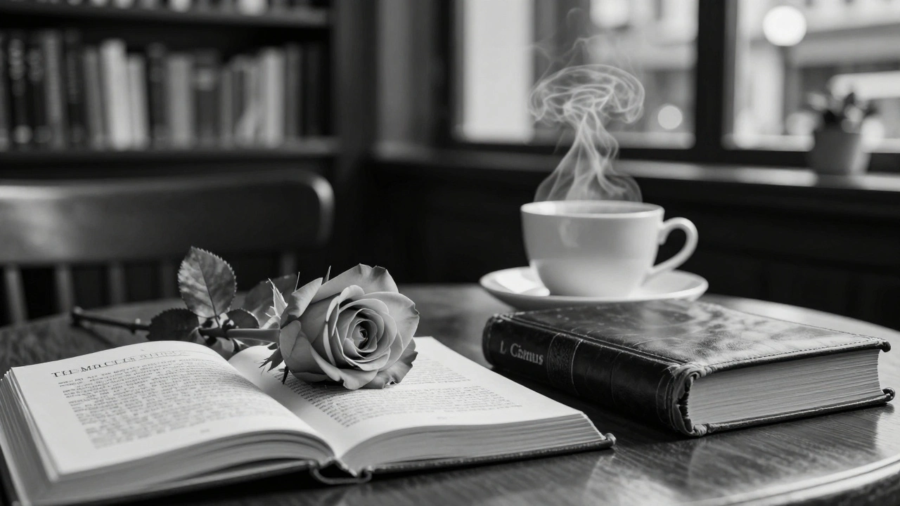 A rose and an open book of Camus on a café table, surrounded by old books and soft lamplight.
