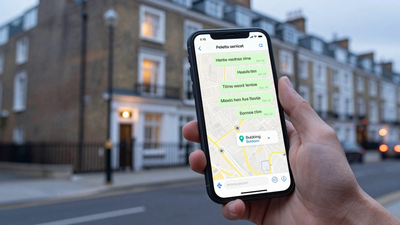 A smartphone showing a clear message exchange with a map link and building code, set against a safe London street at dusk.