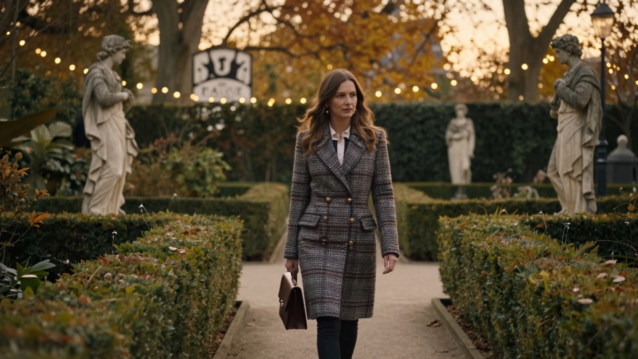 A sophisticated woman walks through a hidden Paris garden at dusk, surrounded by autumn leaves and soft light.