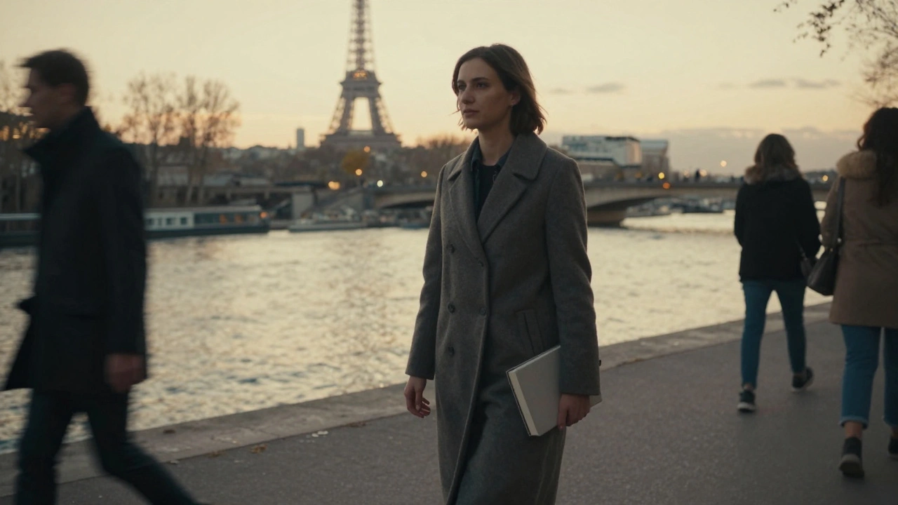 A woman walking peacefully along the Seine at sunset, book in hand, city softly in the background.