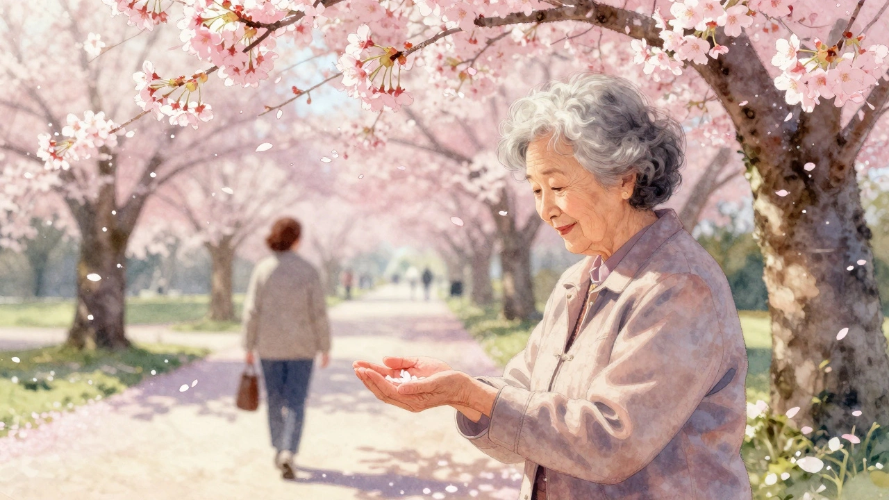An elderly woman and companion watch cherry blossoms fall in a springtime park.