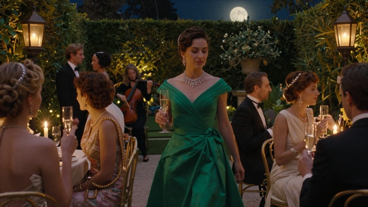An elegantly dressed social companion at a candlelit garden party in London.