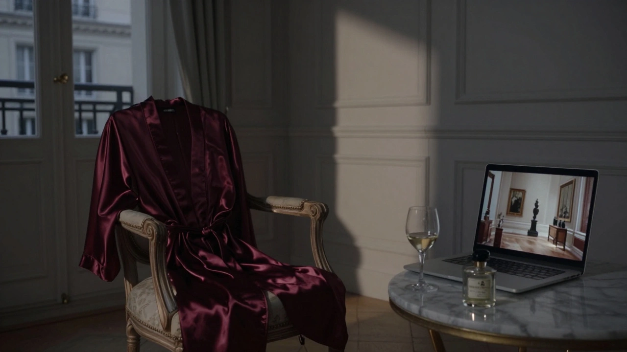 An empty, elegant Paris apartment at twilight with a silk robe, wine glass, and perfume bottle suggesting a quiet departure.