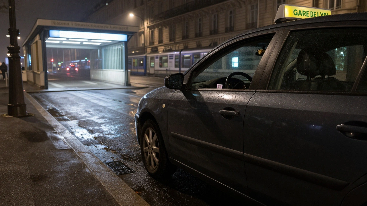 An empty taxi outside Gare de Lyon with a QR code card on the seat, hinting at a private meeting.