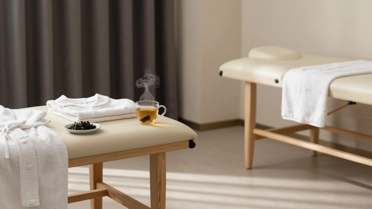 An empty therapy room after a session, with a folded robe, herbal tea, and towel on a heated table.