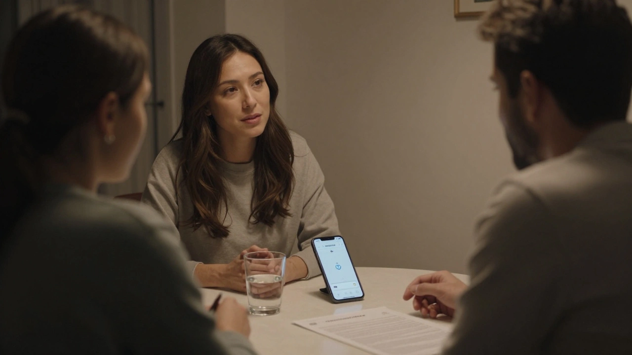 Calming private meeting between a professional escort and client with safety app displayed on phone.