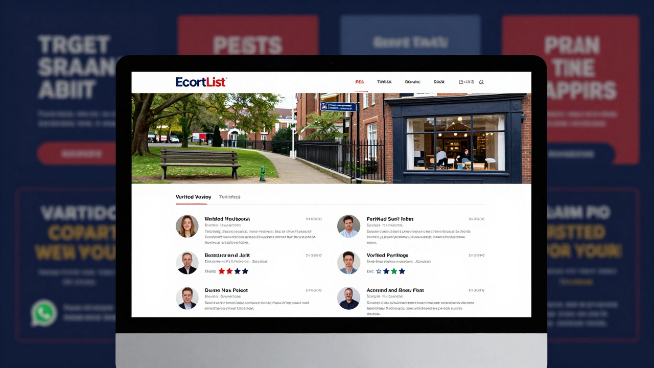 Computer screen showing verified escort profiles with real background photos, scam ads fading out.