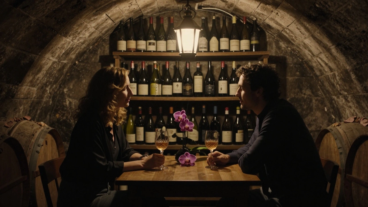 Couple sharing wine in a hidden Montmartre cellar, orchid between them, warm lantern light.