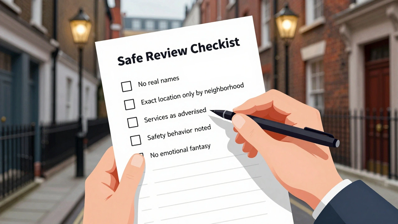Hand writing a safety-focused checklist for escort reviews against a quiet London street backdrop.