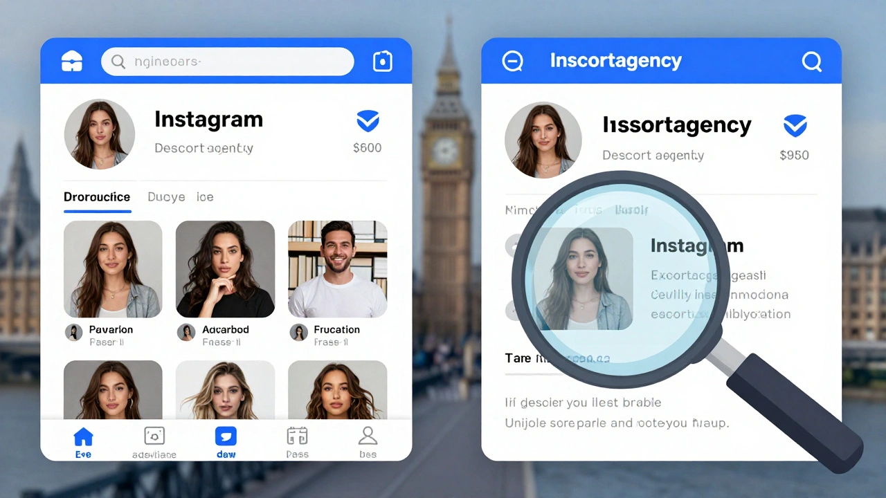 Side-by-side digital profiles showing matching Instagram and escort agency photos for identity verification.