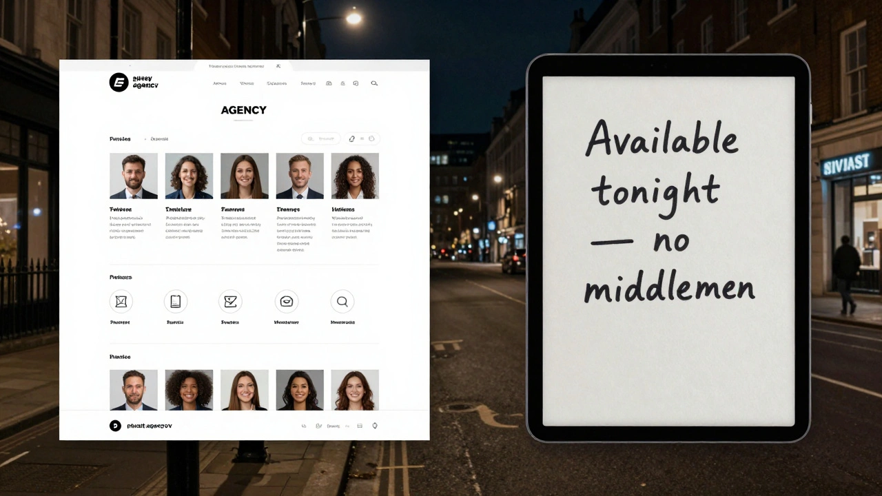 Split-screen contrast between a corporate escort agency website and a simple independent service note.