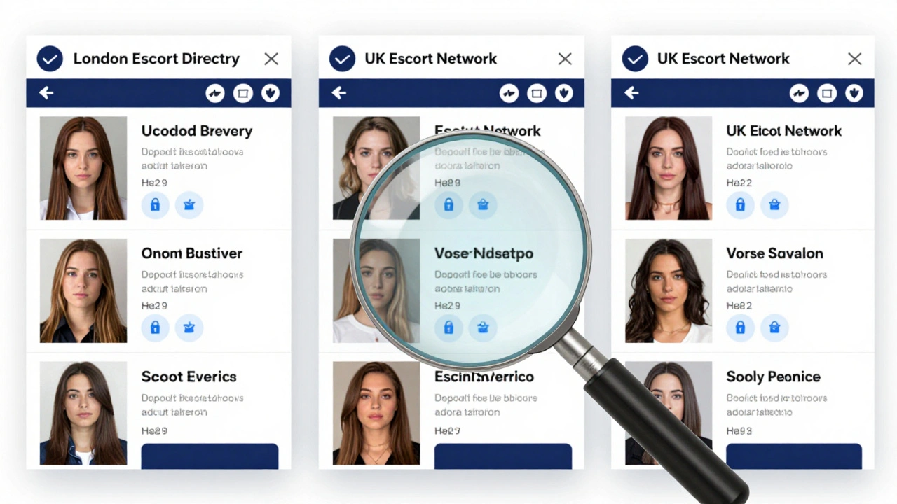 Three verified adult service websites side by side showing matching escort profiles with verification badges.