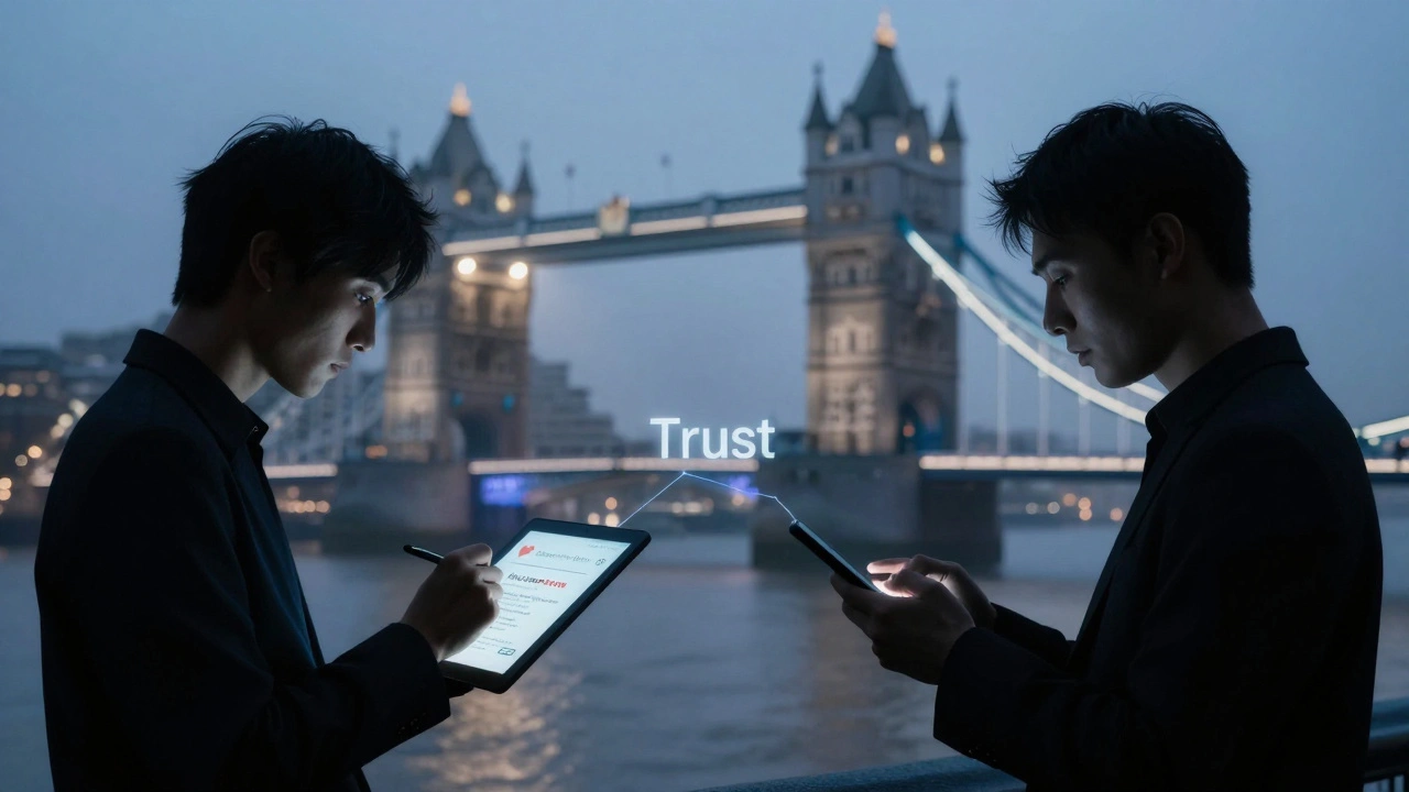 Two anonymous figures connected by trust, one writing and one reading a review under London's night skyline.
