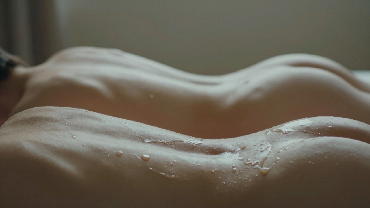 Two bare backs gliding in skin-to-skin contact, covered in glossy gel, moving in slow, fluid motion.