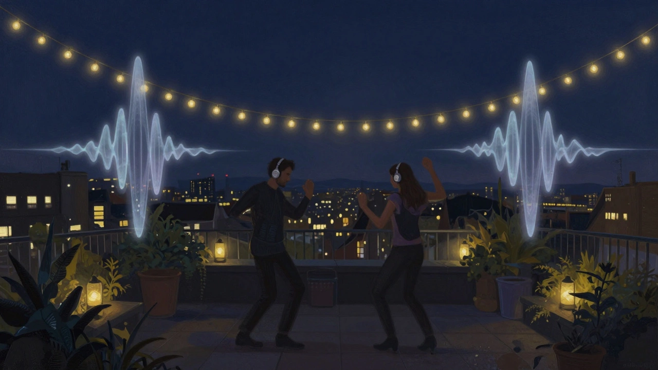 Two figures dancing silently on a rooftop garden at night, surrounded by glowing music waves and city lights below.