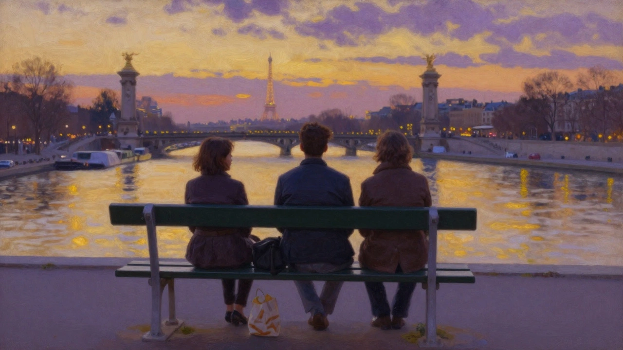 Two figures sit in quiet silence on a bench by Pont Alexandre III at sunset, the Seine glowing behind them.