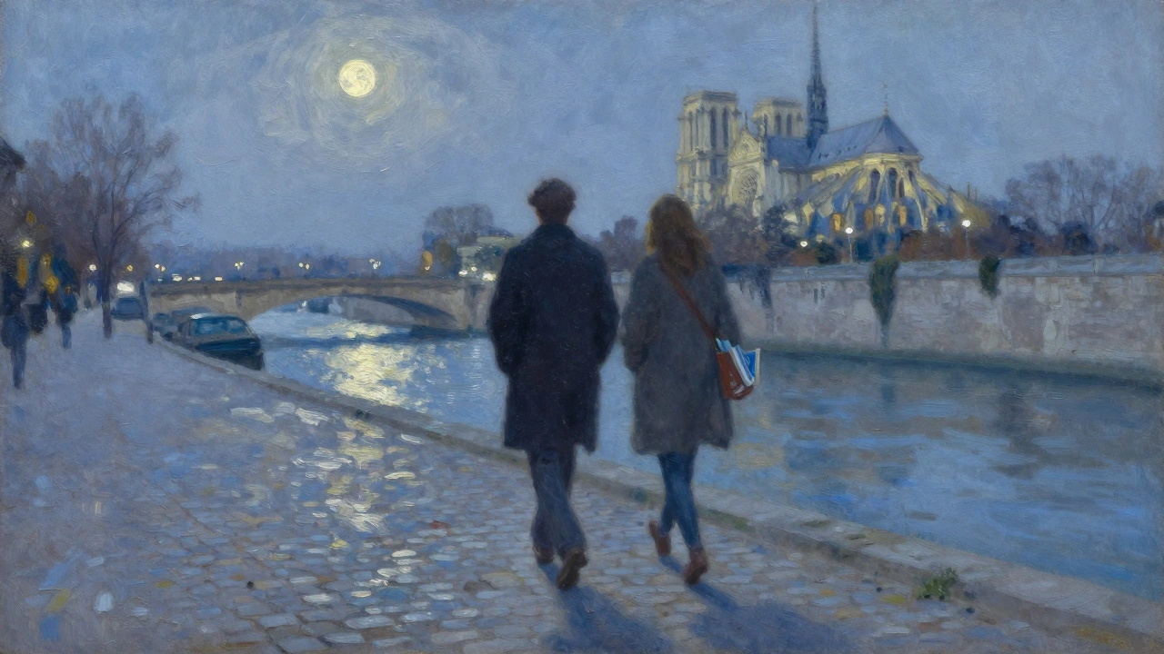 Two figures walking along the Seine at night, shadows stretching on cobblestones under moonlight.