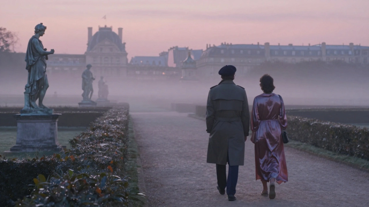 Two figures walking silently through misty Tuileries Garden at dawn, statues softly lit.