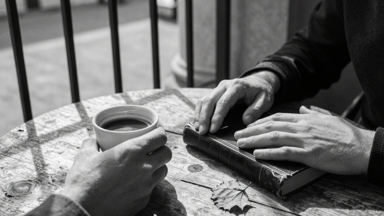 Two hands rest on a wooden table in a Paris courtyard, holding coffee and a book, soft morning light casting shadows.