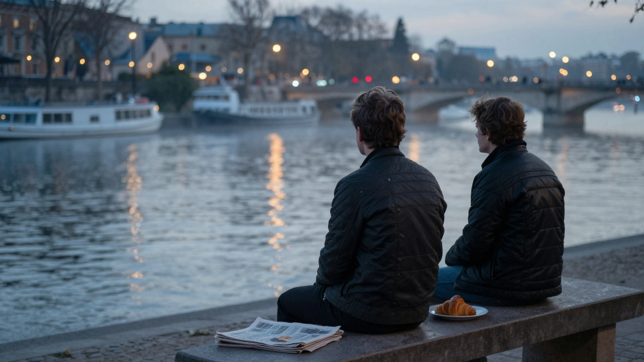 Two individuals sit silently on a bench by Canal Saint-Martin at dusk, lights reflecting on the water as mist rises gently.