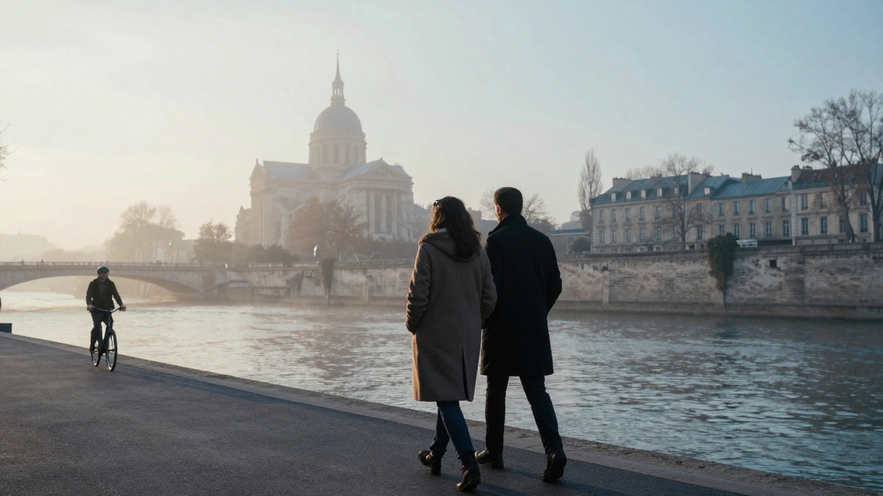 Two individuals walk peacefully along the Seine at dawn, the Pantheon visible in the distance, mist rising from the water.