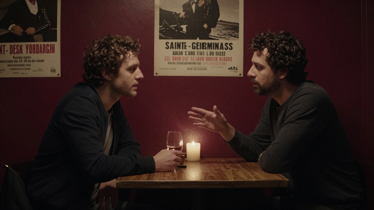 Two men share a quiet moment at a jazz club table, one listening intently, wine glass between them, warm candlelight glowing.