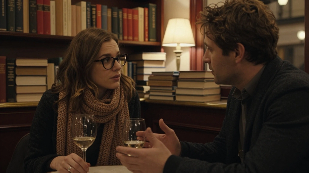 Two people converse warmly in a book-filled Parisian café, bathed in soft lamplight and surrounded by literature.