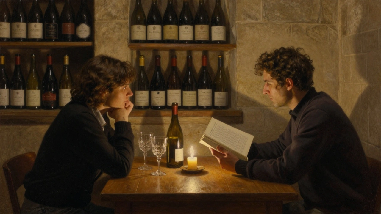 Two people share a quiet evening in a candlelit Parisian wine cellar, a book open between them.