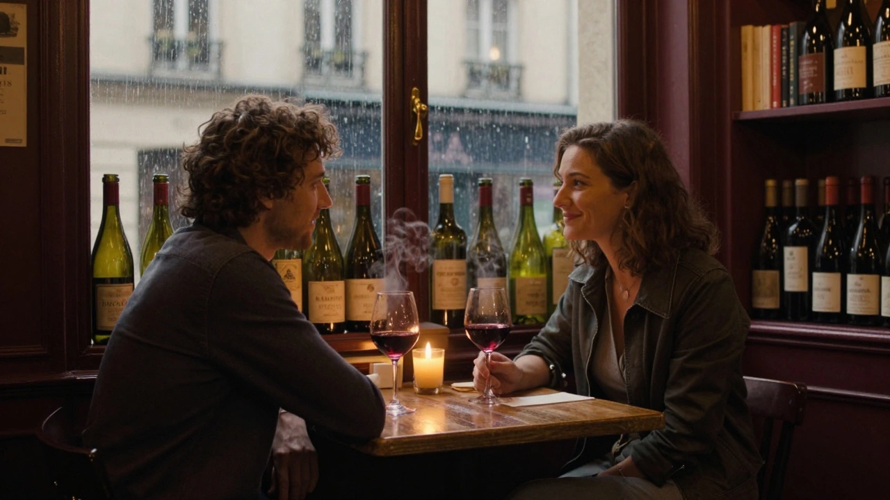 Two people share a quiet moment in a cozy Parisian wine bar, candlelight reflecting off wine glasses and bookshelves.