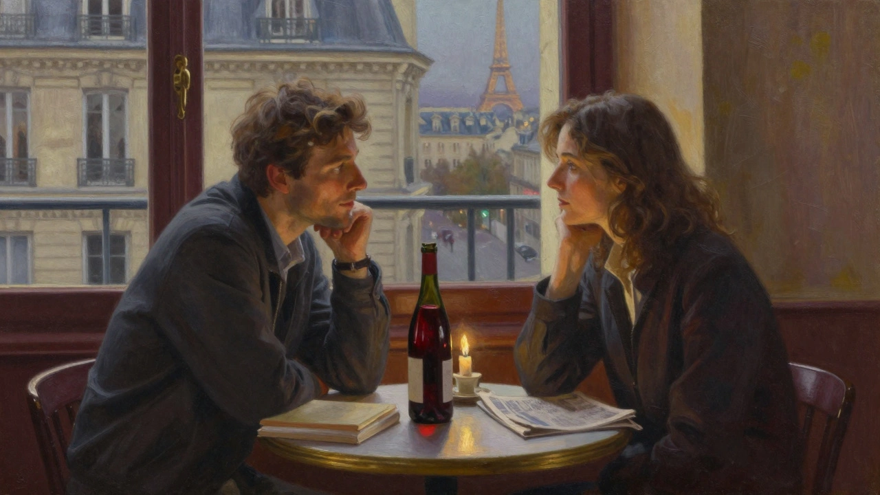Two people share a quiet moment over wine in a Parisian bar, bathed in soft candlelight.