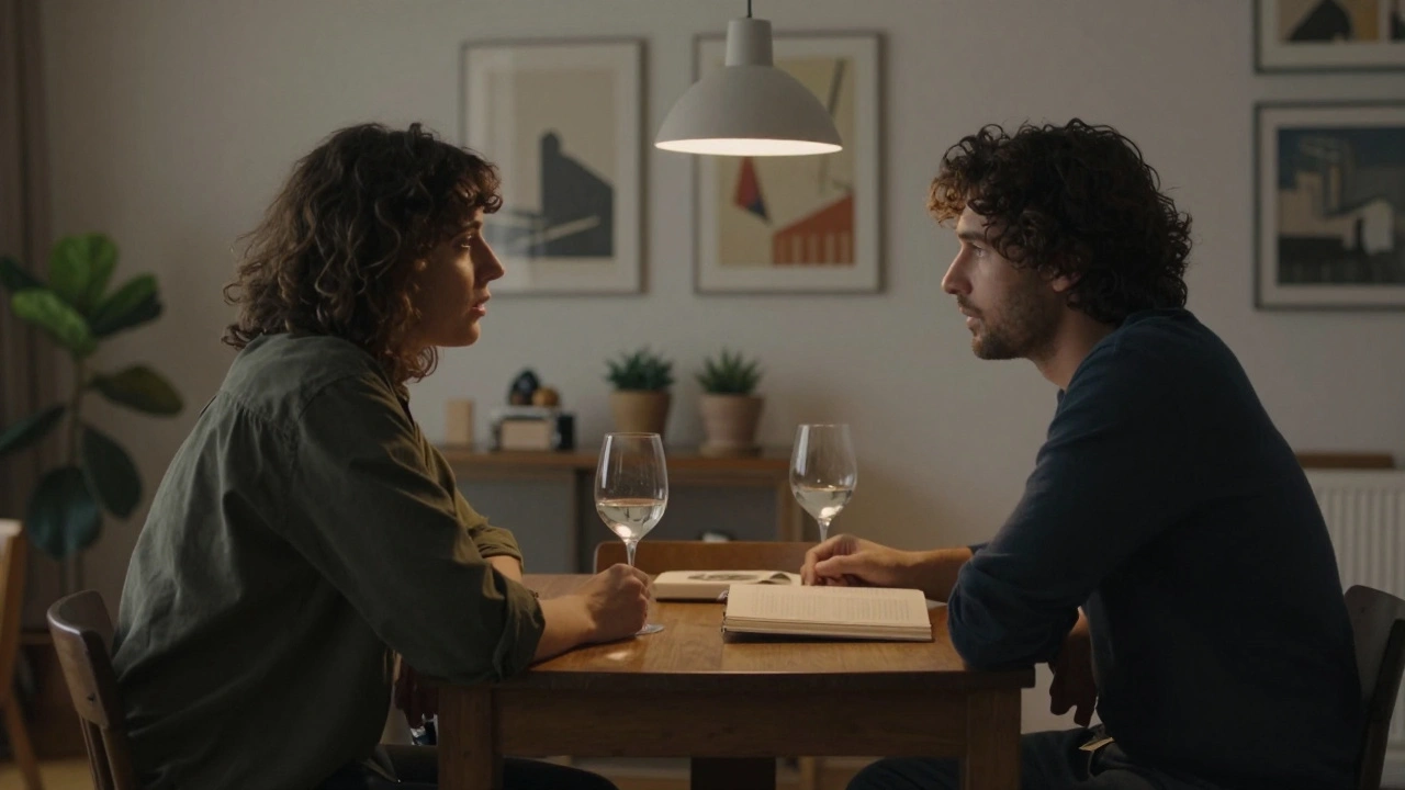 Two people sit at a small table in soft lamplight, sharing wine and conversation in a cozy apartment in Paris's 18th arrondissement.