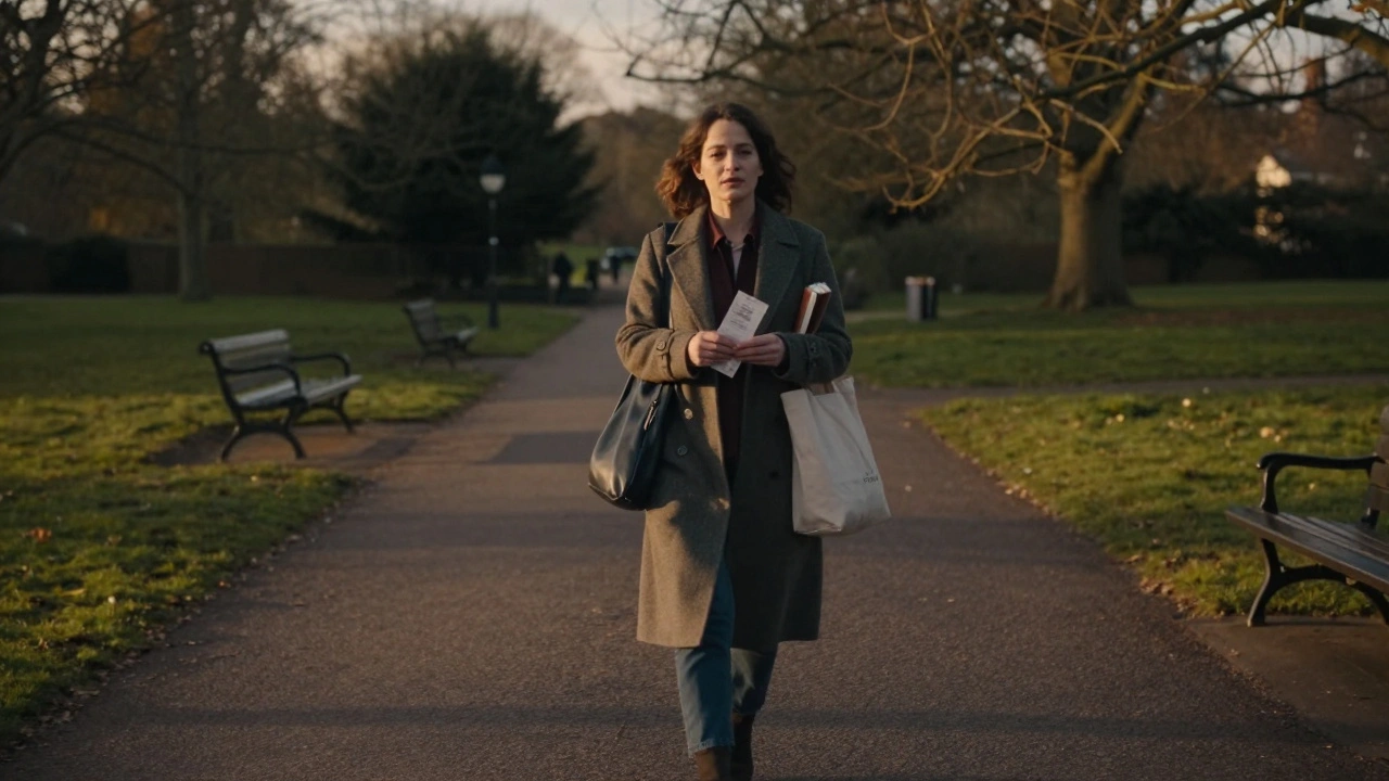 Woman walking alone through Crystal Palace Park holding a theatre ticket.