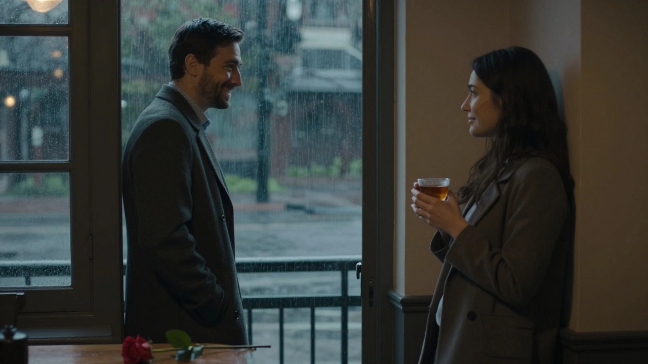 A client pausing at the door to thank an escort after a session, rain streaking the window behind them.