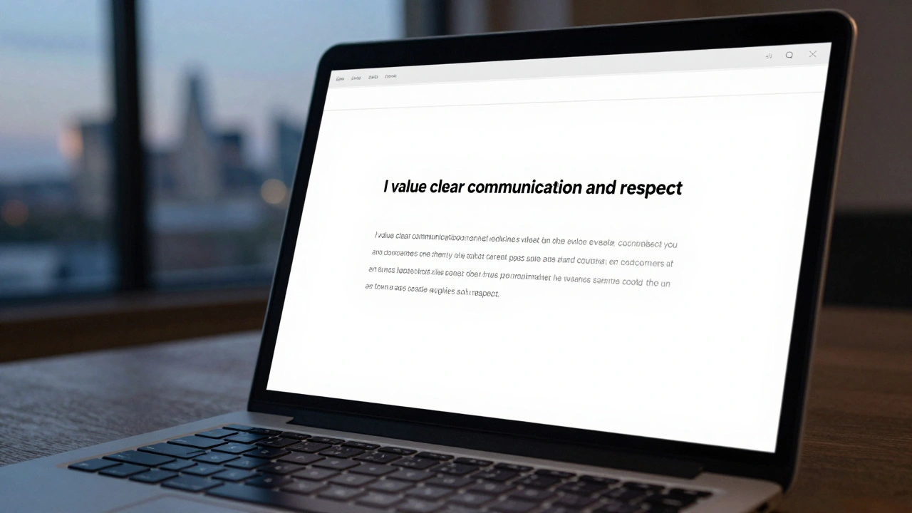 A laptop screen displaying a thoughtful booking message for a British escort, with a blurred London skyline outside.